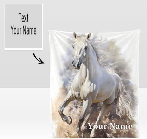 Custom Throw Blanket with Name Text Personalized White Horse Fleece