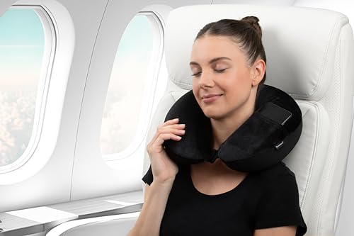 Brookstone Microbead Travel Head and Neck Pillow with Phone Pocket Blue