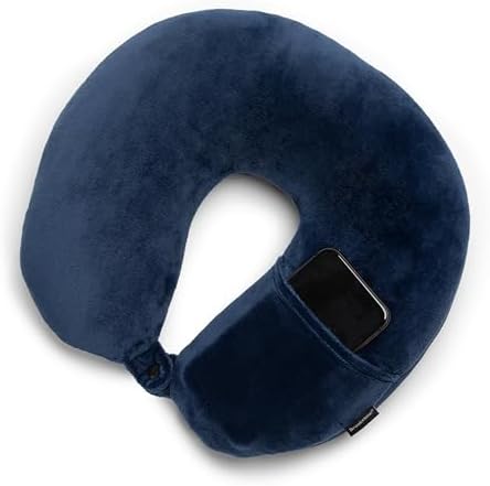 Brookstone Microbead Travel Head and Neck Pillow with Phone Pocket Blue