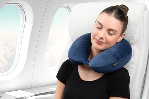 Brookstone Microbead Travel Head and Neck Pillow with Phone Pocket Blue