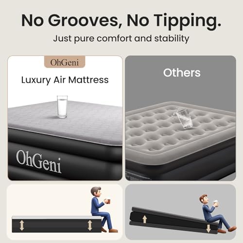 OhGeni Luxury Queen Air Mattress with Built-in Pump and Silk Foam Topper