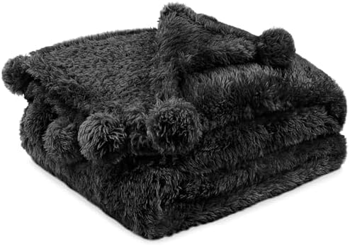PAVILIA Black Pom Pom Throw Blanket 50x60