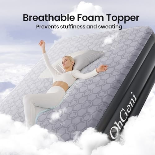 OhGeni Luxury Queen Air Mattress with Built-in Pump and Silk Foam Topper