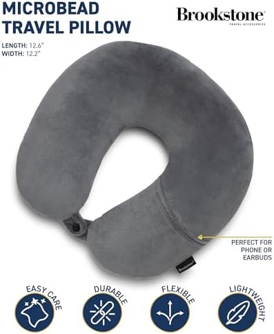 Brookstone Microbead Travel Head and Neck Pillow - Lightweight and Plush with Phone Pocket