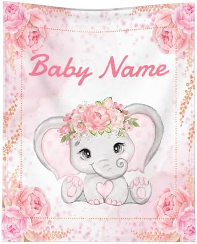 Custom Elephant Blanket with Name for Girls Women Pink Flowers Personalized Throw