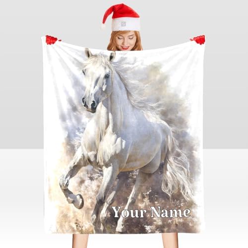 Custom Throw Blanket with Name Text Personalized White Horse Fleece