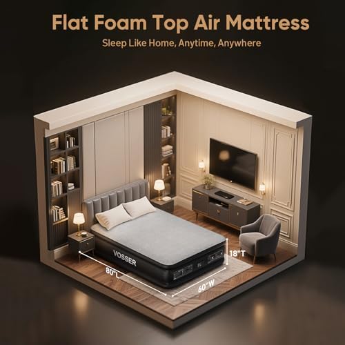 VOSSER Queen Air Mattress with Built-in Pump - 18 Inch Foam Topper