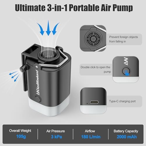 THE WEEKEND Portable Air Pump with Camping Lantern and 5 Nozzles Black