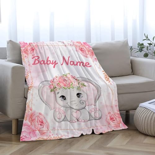 Custom Elephant Blanket with Name for Girls Women Pink Flowers Personalized Throw