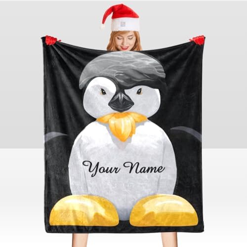 Custom Blanket with Name Text Personalized Penguin Fleece Throw