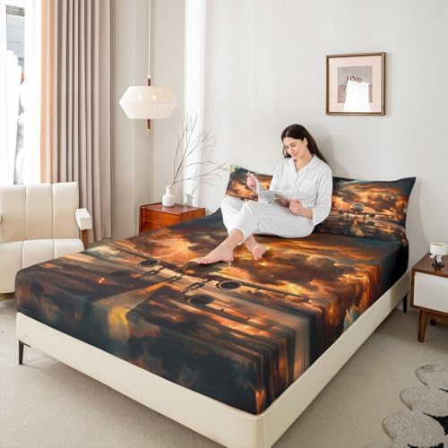 Manfei Sunset Sky Dusk Clouds Queen Fitted Sheet Set 1