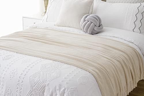 BATTILO HOME Beige Throw Blanket 50x60 Soft Chenille with Tassels