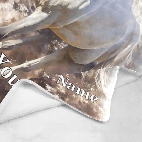 Custom Throw Blanket with Name Text Personalized White Horse Fleece
