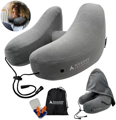 Modern Advantage Inflatable Hooded Travel Pillow Grey