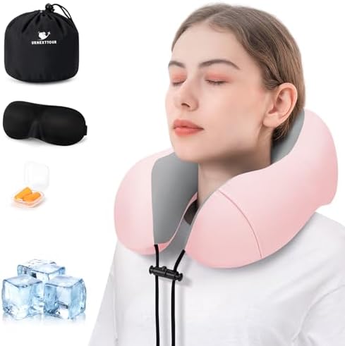 Urnexttour Travel Pillow Set with Eye Mask and Earplugs Cooling Pink