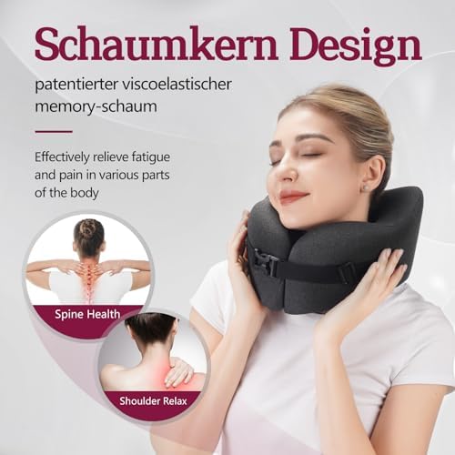 Travel Neck Pillow with Vacuum Memory Foam and Chin Support Black