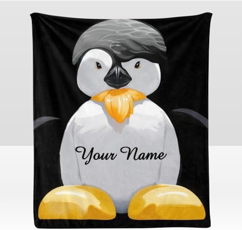Custom Blanket with Name Text Personalized Penguin Fleece Throw