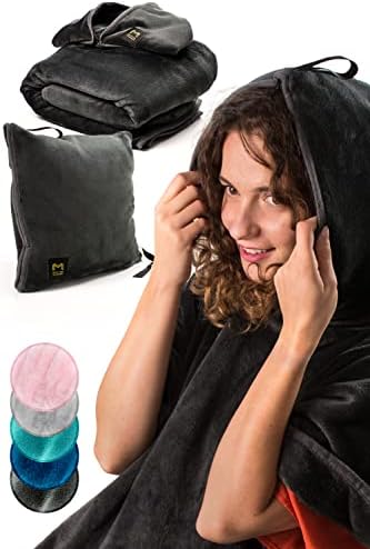 MasterManner Travel Blanket with Hoodie - 2in1 Airplane Pillow Blanket