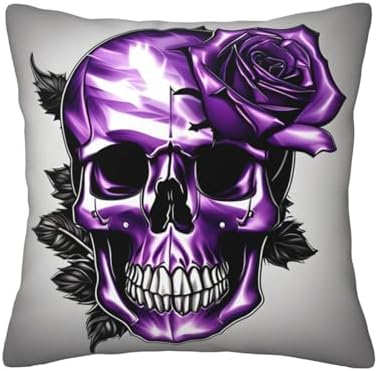 Purple Rose and Skull Throw Pillow 12x12 Inch Soft Square Cushion Case