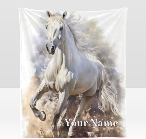 Custom Throw Blanket with Name Text Personalized White Horse Fleece