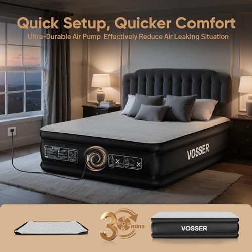 VOSSER Queen Air Mattress with Built-in Pump - 18 Inch Foam Topper