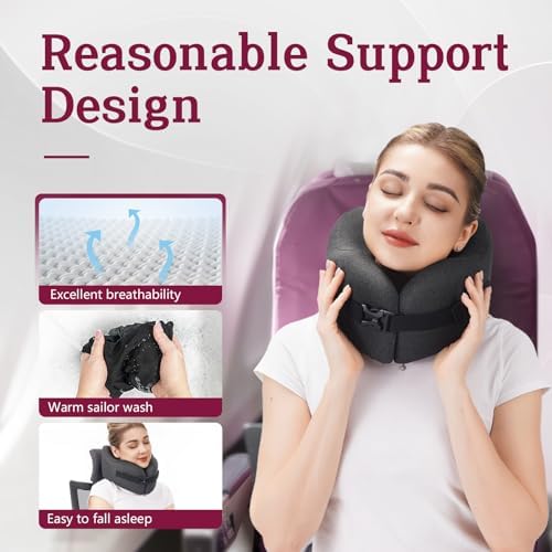 Travel Neck Pillow with Vacuum Memory Foam and Chin Support Black
