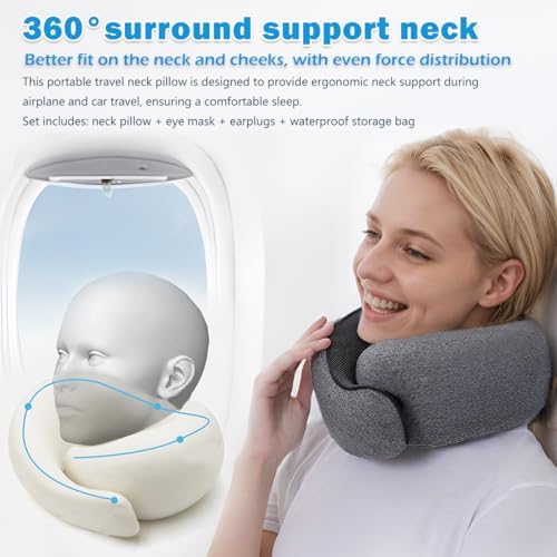 Creokeriy Travel Neck Pillow with Eye Mask and Earplugs Grey