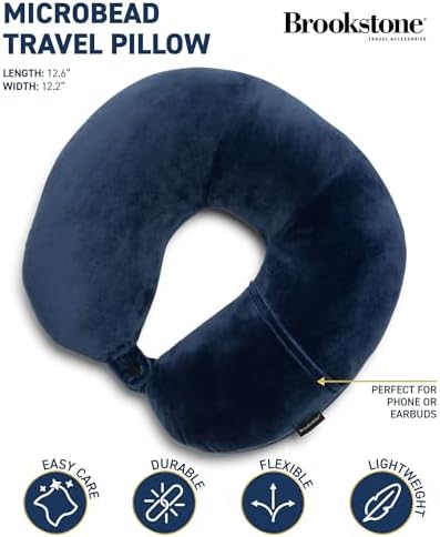 Brookstone Microbead Travel Head and Neck Pillow with Phone Pocket Blue