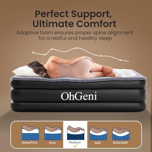 OhGeni Luxury Queen Air Mattress with Built-in Pump and Silk Foam Topper