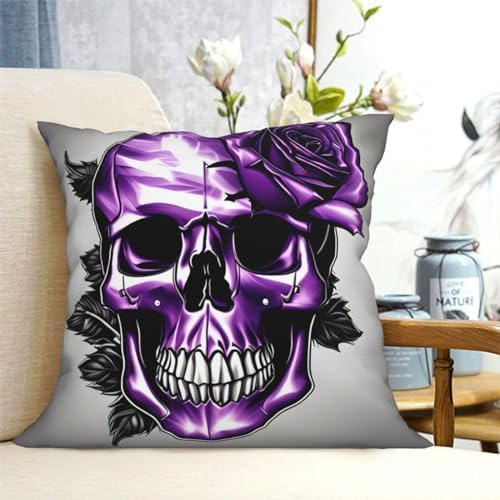 Purple Rose and Skull Throw Pillow 12x12 Inch Soft Square Cushion Case