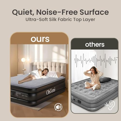 OhGeni Luxury Queen Air Mattress with Built-in Pump and Silk Foam Topper