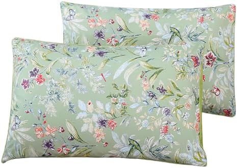 WINLIFE Queen Pillowcases 2 Pack Sage Green Garden Floral Butterflies Printed