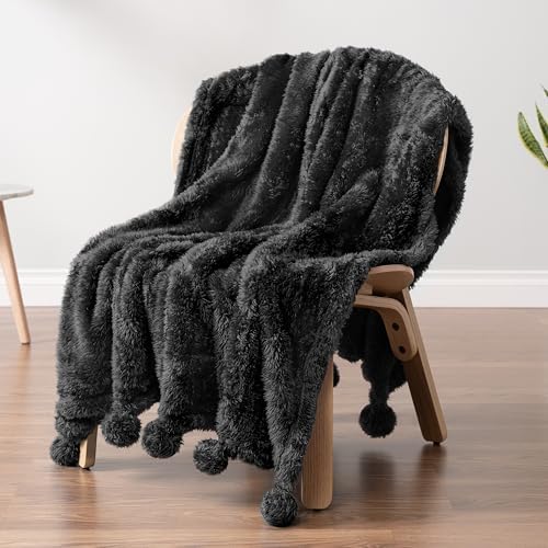 PAVILIA Black Pom Pom Throw Blanket 50x60