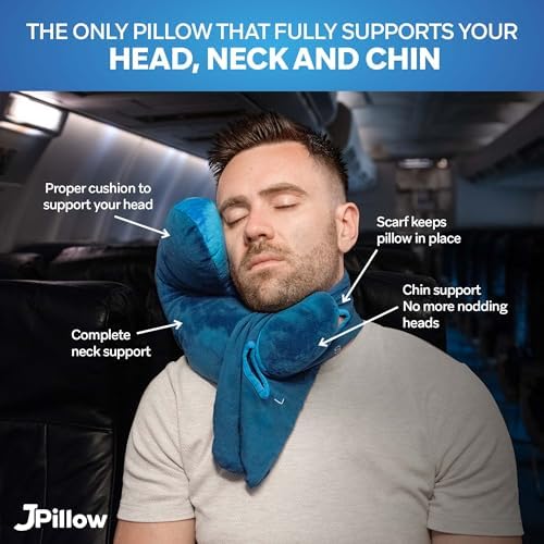 J-Pillow Travel Pillow with Anti-Slip Scarf - Blue