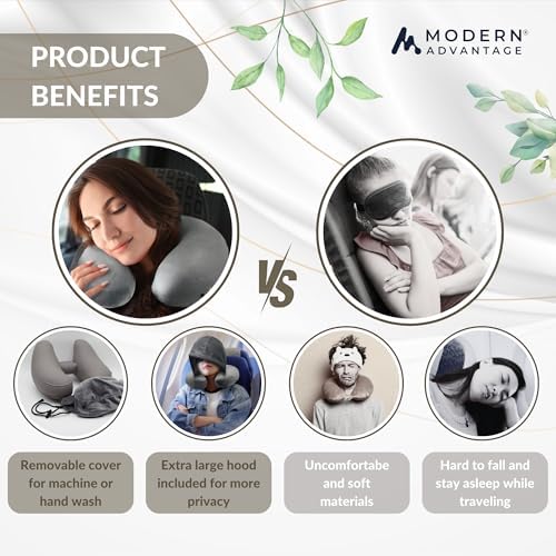Modern Advantage Inflatable Hooded Travel Pillow Grey