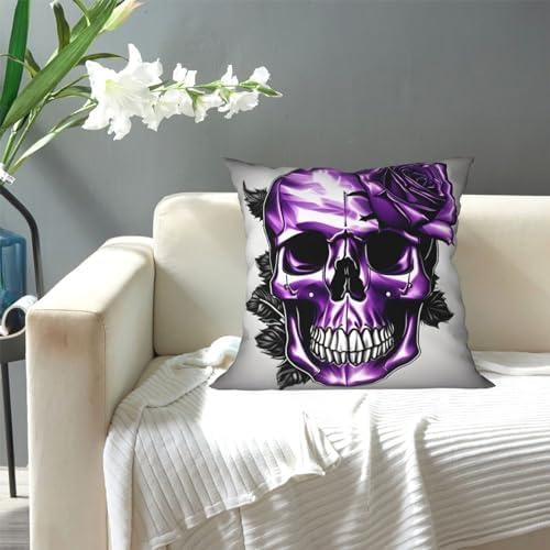Purple Rose and Skull Throw Pillow 12x12 Inch Soft Square Cushion Case