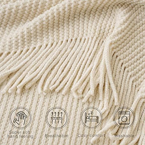 BATTILO HOME Beige Throw Blanket 50x60 Soft Chenille with Tassels