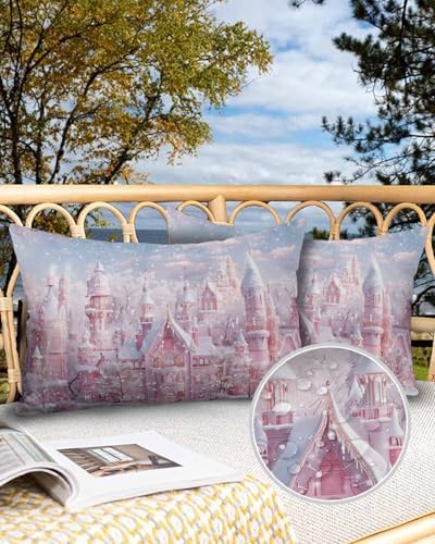 Waterproof Pillow Protector 2 Pack Dreamy Pink Xmas Town Trees