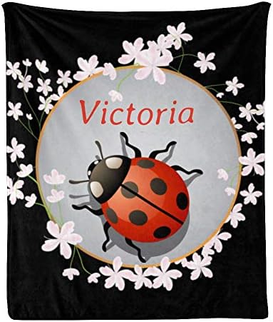 Custom Blanket with Name Text Personalized Ladybug on Pink Flower Throw