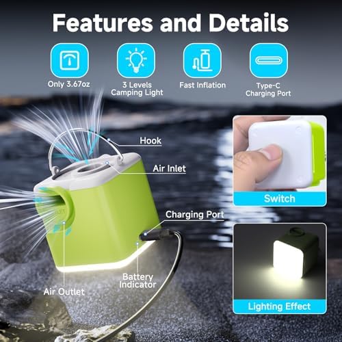 Clopria Portable Air Pump with Camping Light and 2400mAh Battery