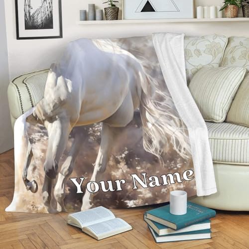 Custom Throw Blanket with Name Text Personalized White Horse Fleece