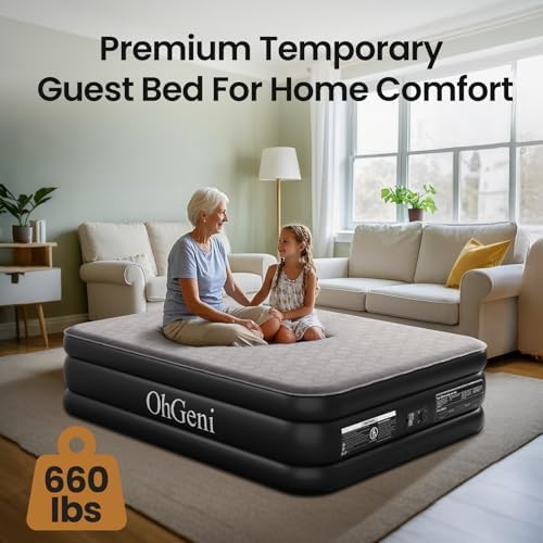 OhGeni Luxury Queen Air Mattress with Built-in Pump and Silk Foam Topper