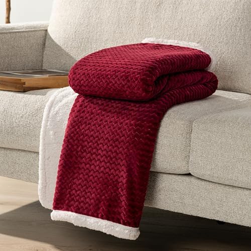 PAVILIA Reversible Maroon Red Sherpa Fleece Throw Blanket 50x60