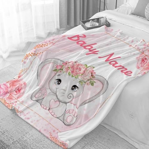 Custom Elephant Blanket with Name for Girls Women Pink Flowers Personalized Throw