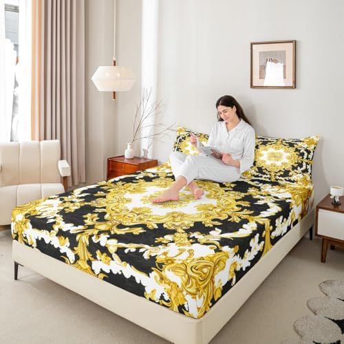 Bohemian Floral Queen Fitted Sheet Set with 2 Pillow Cases