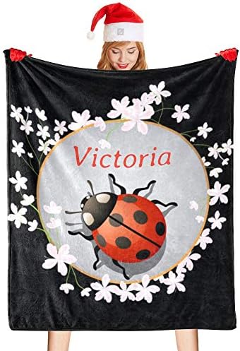 Custom Blanket with Name Text Personalized Ladybug on Pink Flower Throw