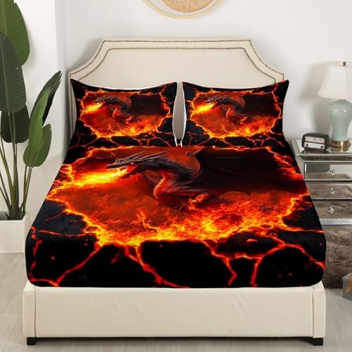 Manfei Black Dragon Queen Fitted Sheet Set with Pillowcases
