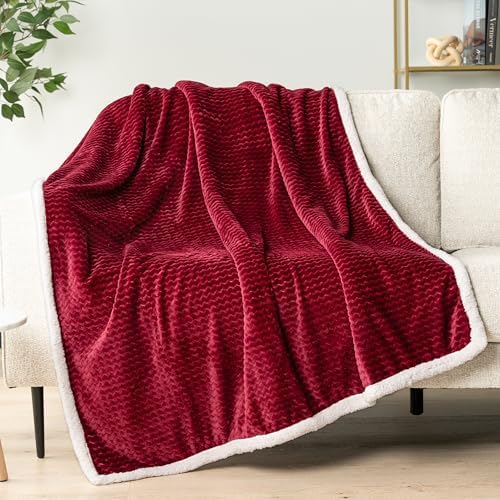 PAVILIA Reversible Maroon Red Sherpa Fleece Throw Blanket 50x60