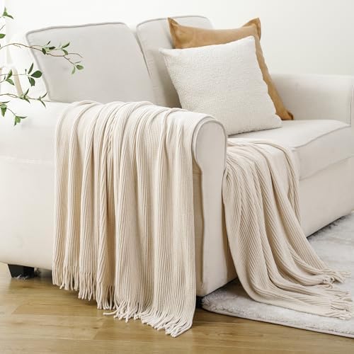 BATTILO HOME Beige Throw Blanket 50x60 Soft Chenille with Tassels