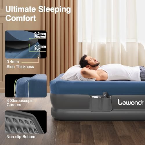 Lewondr Queen Air Mattress with Built in Pump Blue 661lb MAX